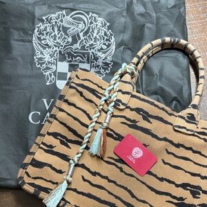 Vince Camuto Tan and Black Tiger-Stripe Tote with Blue-Tan Braided Tassel